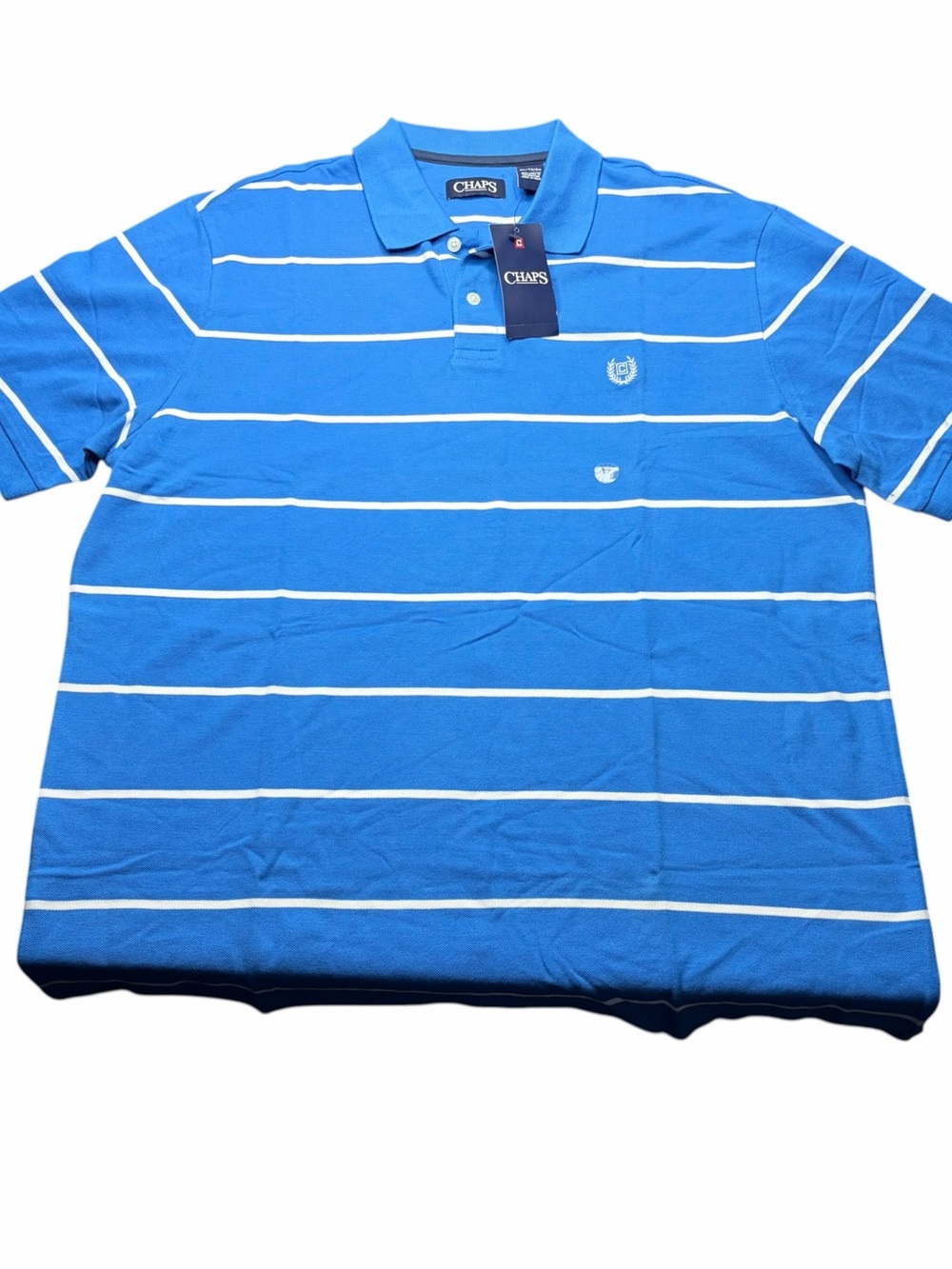 NWT Chaps Men’s XL Blue White Striped Polo Shirt Cotton Knit Logo Button Collar